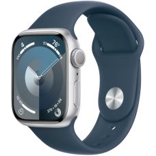 Apple Watch Series 9, 45 мм, корпус из алюминия серебристого цвета, спортивный ремешок цвета грозовой синий, размер M/L